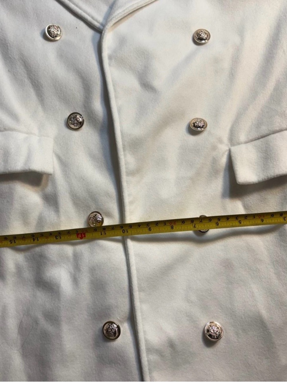 Double-Breasted White Pea Coat with Decorative Buttons